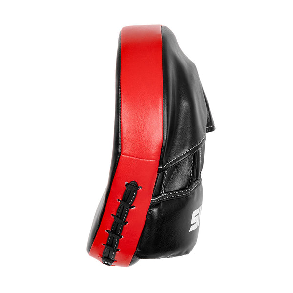 The SMAI Focus Mitt - Syntec is a black and red curved pad with visible stitching and a hand slot, ideal for boxing or punching training, shown on a white background.
