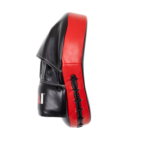 The SMAI Focus Mitt - Syntec in black and red features visible stitching and laces, displayed side view on a white background.