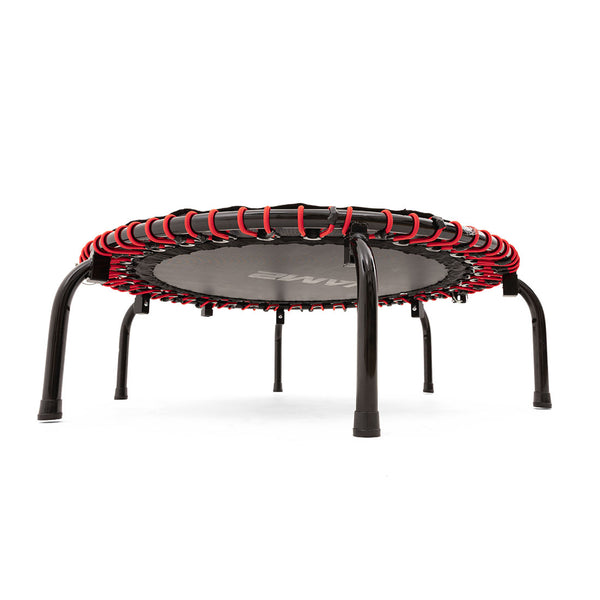 The SMAI Folding Rebounder Mini Trampoline 45" features a black jumping surface, black legs, and red bungee cords⁠—a compact fitness solution perfect for home workouts.