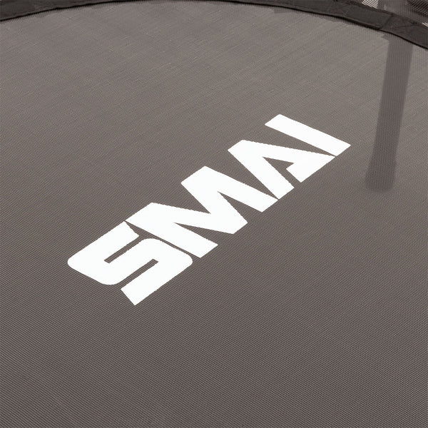 Close-up of the SMAI Folding Rebounder Mini Trampoline 45" with "SMAI" in bold white letters centered on the black surface. The textured fitness equipment surface is clearly visible.