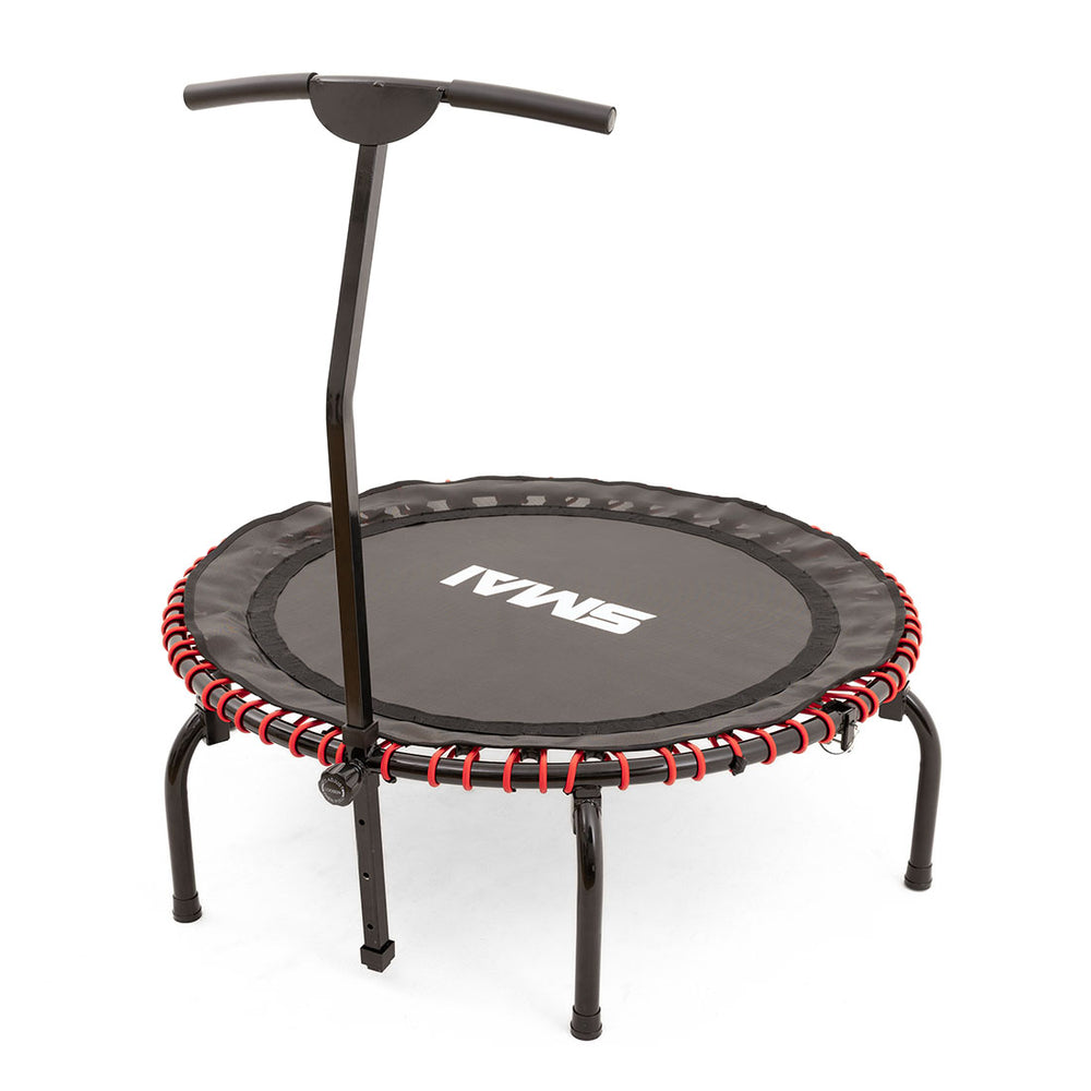 The SMAI Folding Rebounder Mini Trampoline 45" features a black frame, red bungee cords, sturdy handlebar, and "SMAI" in white on the surface—ideal fitness equipment for your workout routine.