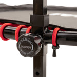 Close-up of the SMAI Folding Rebounder Mini Trampoline 45" frame with a black knob labeled "TO ADJUST LOOSEN THEN PULL" and red elastic cords, showcasing its durable fitness construction.