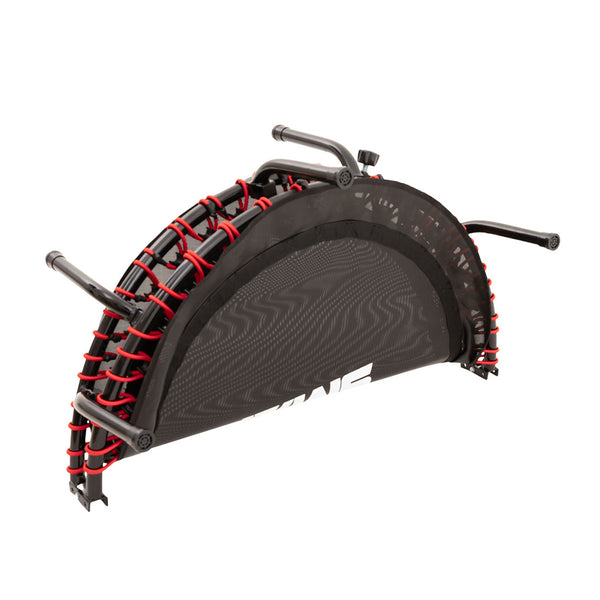 The SMAI Folding Rebounder Mini Trampoline 45" features a collapsible black frame, black mesh, and red cord accents—shown folded for easy transport and storage.