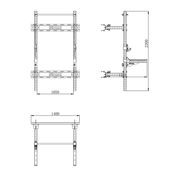 Technical drawing of the SMAI Folding Wall Mounted Squat Rack’s metal frame structure, with labeled dimensions: 1050 mm wide, 2300 mm tall, and 1400 mm deep at the base. Three views—front, side, and top—are presented, making it ideal for planning a garage gym installation.