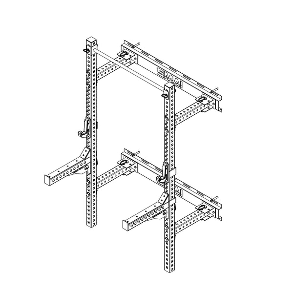 Black and white line drawing of a metal SMAI Folding Wall Mounted Squat Rack, featuring adjustable arms and multiple holes for height adjustments. The structure includes both horizontal and vertical supports, making it ideal for a garage gym setup.