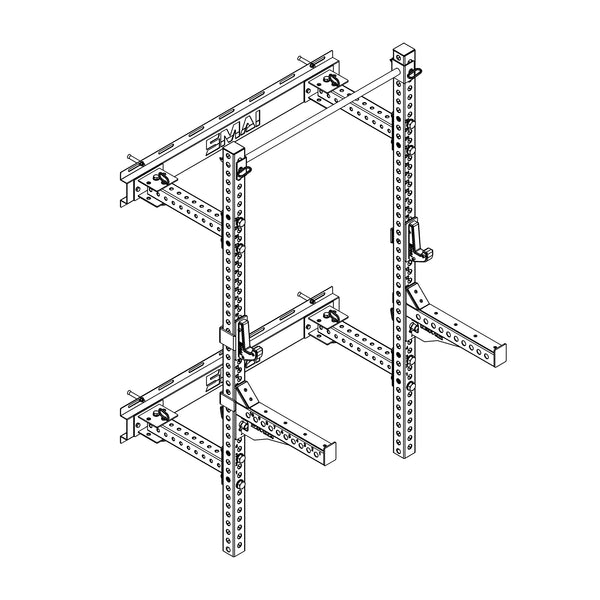 Black and white line drawing of the Folding Wall Mounted Squat Rack by SMAI—ideal for any garage gym—featuring two upright posts with multiple holes for attachments, support arms, and a crossbar labeled “SMAI” at the top.