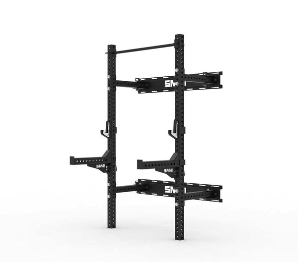 SMAI Folding Wall Mounted Squat Rack features multiple adjustable attachments and customization holes, making it ideal for a garage gym setup. Displayed against a plain white background.