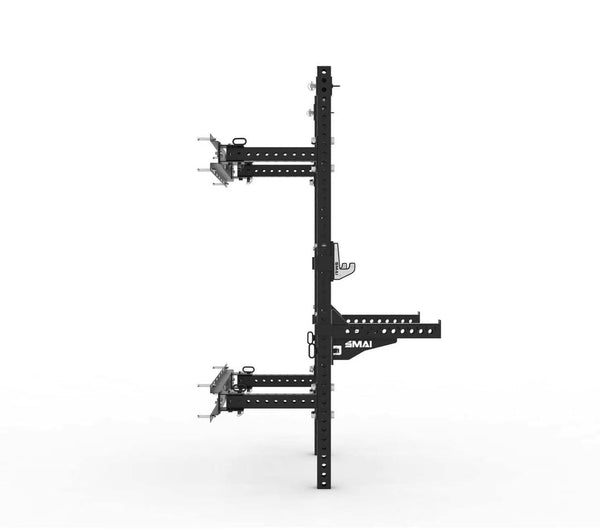 Side view of the SMAI Folding Wall Mounted Squat Rack in black metal, featuring adjustable attachments and multiple customization holes, standing upright against a plain white background—perfect for any garage gym setup.