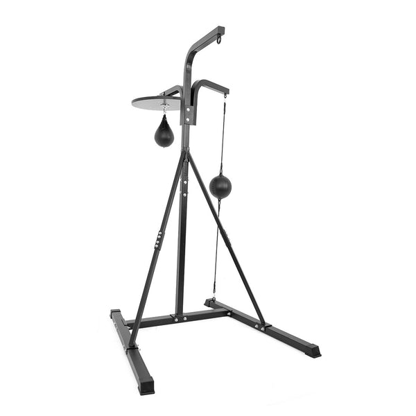 The SMAI 3 in 1 Boxing Bag Stand Bundle includes a black freestanding stand with a 4ft punch bag, speed ball on an upper platform, and a floor to ceiling ball, ideal for comprehensive boxing training.