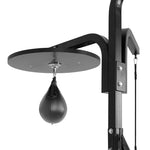 A close-up of the SMAI 3 in 1 Boxing Bag Stand Bundle showcases a black leather speed ball on a sturdy platform—ideal for enhancing your boxing training with its included 4ft punch bag, speed ball, and floor to ceiling ball.