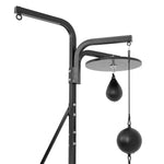 The SMAI 3 in 1 Boxing Bag Stand Bundle features a black metal stand with a 4ft punch bag, speed ball mounted on a circular platform, and floor to ceiling ball—offering a versatile boxing training package.