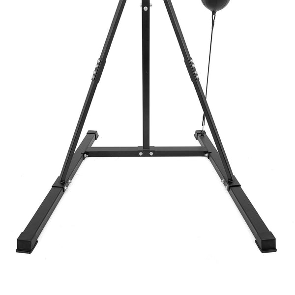 The SMAI 3 in 1 Boxing Bag Stand Bundle features a black metal triangular frame with a wide base, supporting a 4ft punch bag on the right, and comes with a speed ball and floor to ceiling ball, set against a plain white background.