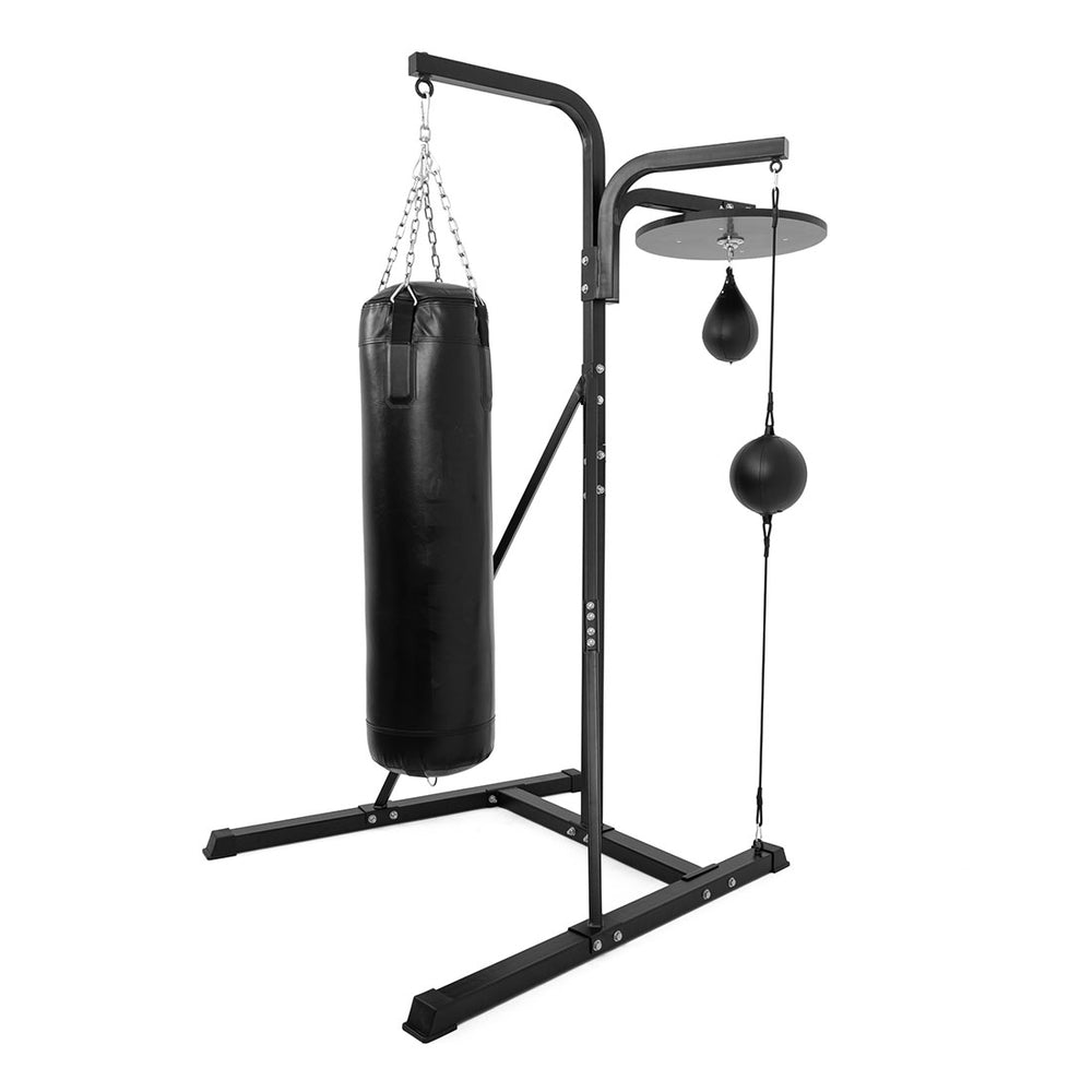 The SMAI 3 in 1 Boxing Bag Stand Bundle includes a 4ft punch bag, speed ball, and floor to ceiling ball—an all-in-one training package for boxing or fitness workouts, shown isolated on a white background.