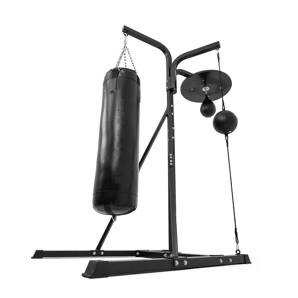 The SMAI 3 in 1 Boxing Bag Stand Bundle features a sturdy metal frame that holds a 4ft punch bag, speed ball, and floor to ceiling ball for an all-in-one boxing training setup.