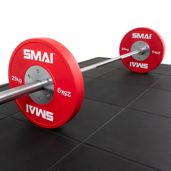 Rubber Acoustic Weightlifting Platform detail with barbell 25kg weight plates
