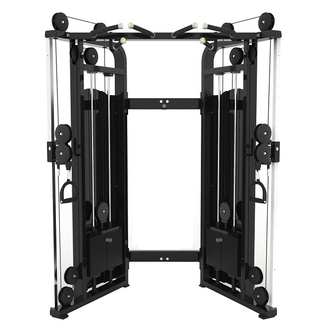 The SMAI Functional Trainer - FTS Slide is a commercial-grade cable crossover machine in black, featuring dual weight stacks, pulleys, and ergonomic handles for versatile strength training exercises in gym environments. The functional trainer is displayed from the front against a white background.