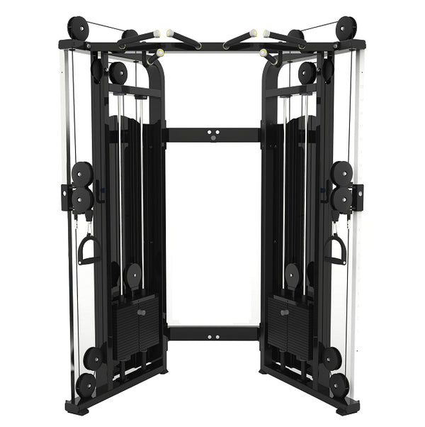 The SMAI Functional Trainer - FTS Slide is a commercial-grade cable crossover machine in black, featuring dual weight stacks, pulleys, and ergonomic handles for versatile strength training exercises in gym environments. The functional trainer is displayed from the front against a white background.