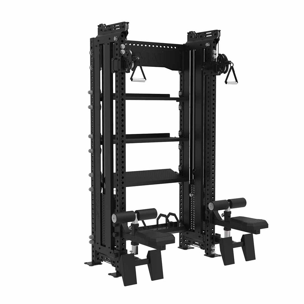 The SMAI Functional Trainer with Storage - Vanta Series (PRE ORDER, ETA LATE JULY) is a versatile black power rack with adjustable shelves, dip bars, cable pulley attachments, and padded leg support—perfect for home strength training.