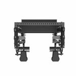 Front view of the SMAI Vanta Series Functional Trainer with Storage, featuring a black, robust industrial design with chain-driven tracks and sturdy base supports—comparable to top home gym equipment. Pre-order now; ETA late July.