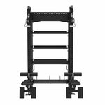 The SMAI Functional Trainer with Storage - Vanta Series (PRE ORDER, ETA LATE JULY) is a black multifunctional gym rack featuring adjustable weightlifting supports, safety bars, and exercise attachments, shown front-facing against a white background.