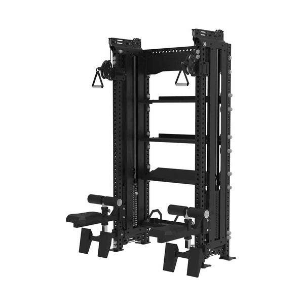 The SMAI Vanta Series Functional Trainer with Storage is a black, multifunctional gym power rack featuring handles, pulleys, foot rests, bars, and shelving—ideal for strength training. Pre-order now; ETA late July.