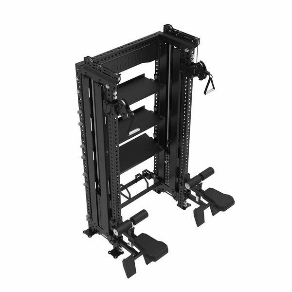 The SMAI Vanta Series Functional Trainer with Storage is a black, free-standing, foldable home gym with adjustable pulleys, handles, footplates, multiple attachment points, and built-in storage. Pre-order now—ETA late July.