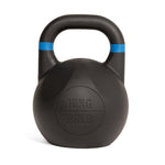 A SMAI Competition Kettlebell - Fusion Series in black, featuring a blue stripe near the handle and marked with “12KG” and “26LB” on the front. This kettlebell maintains a consistent size across all weights and is designed with a large handle to provide a comfortable and secure grip during every workout.
