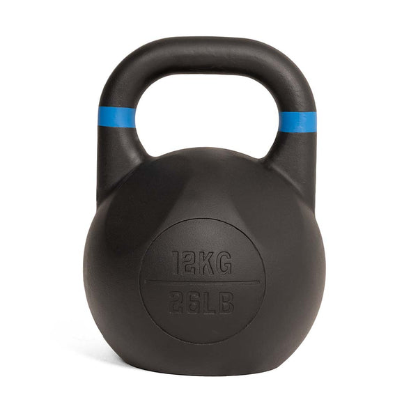 A SMAI Competition Kettlebell - Fusion Series in black, featuring a blue stripe near the handle and marked with “12KG” and “26LB” on the front. This kettlebell maintains a consistent size across all weights and is designed with a large handle to provide a comfortable and secure grip during every workout.