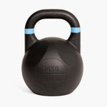 A black SMAI Competition Kettlebell - Fusion Series with a light blue mark near the handle displays “14KG 31LB” on the front. Its large handle ensures a secure grip, and the kettlebell’s consistent size is highlighted against a plain white background.