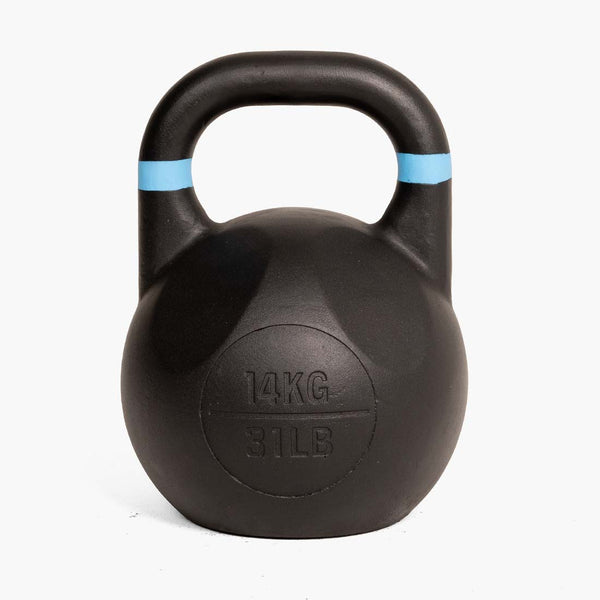 A black SMAI Competition Kettlebell - Fusion Series with a light blue mark near the handle displays “14KG 31LB” on the front. Its large handle ensures a secure grip, and the kettlebell’s consistent size is highlighted against a plain white background.