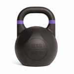 Here is the revised sentence using your product data: The SMAI Competition Kettlebell - Fusion Series is a black kettlebell with a purple stripe near the handle. The front displays “18 KG” and “40 LB” in raised text, and its consistent size includes a large handle designed for a secure grip during intense workouts.
