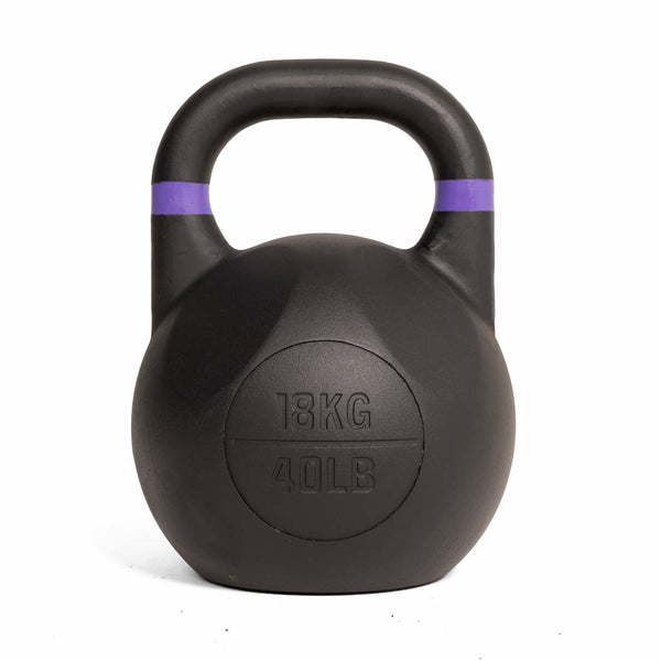 Here is the revised sentence using your product data: The SMAI Competition Kettlebell - Fusion Series is a black kettlebell with a purple stripe near the handle. The front displays “18 KG” and “40 LB” in raised text, and its consistent size includes a large handle designed for a secure grip during intense workouts.