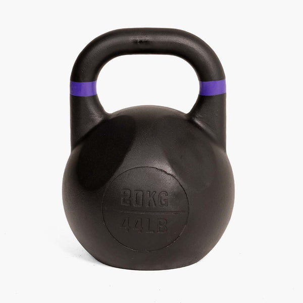 A SMAI Competition Kettlebell - Fusion Series in black, featuring a distinctive purple stripe near the handle, stands upright against a white background. This kettlebell has a large handle and is clearly marked with 20 KG and 44 LB on the front, maintaining the consistent size standard of competition kettlebells.