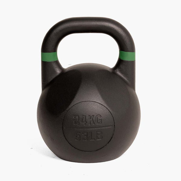 A SMAI Competition Kettlebell - Fusion Series in black with a green stripe near the handle, labeled “24KG” and “53LB,” is positioned upright on a white background.