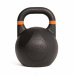 A SMAI Competition Kettlebell - Fusion Series in black, featuring an orange stripe near the handle and the weights “28 KG” and “62 LB” embossed on the front. This consistent-size kettlebell is standing upright on a white background.