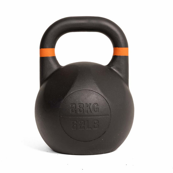 A SMAI Competition Kettlebell - Fusion Series in black, featuring an orange stripe near the handle and the weights “28 KG” and “62 LB” embossed on the front. This consistent-size kettlebell is standing upright on a white background.