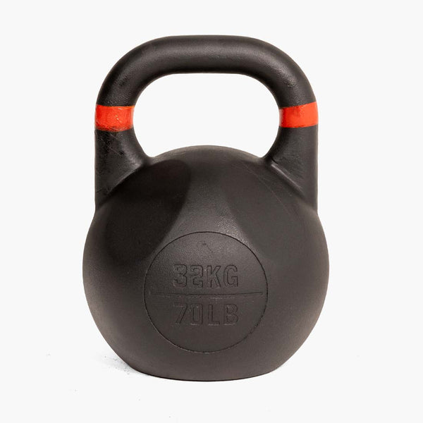 The SMAI Competition Kettlebell - Fusion Series, shown in black with a red stripe near the handle and clearly labeled with “32KG” and “70LB” on the front, features a large ergonomic handle for easy grip and is photographed against a plain white background.