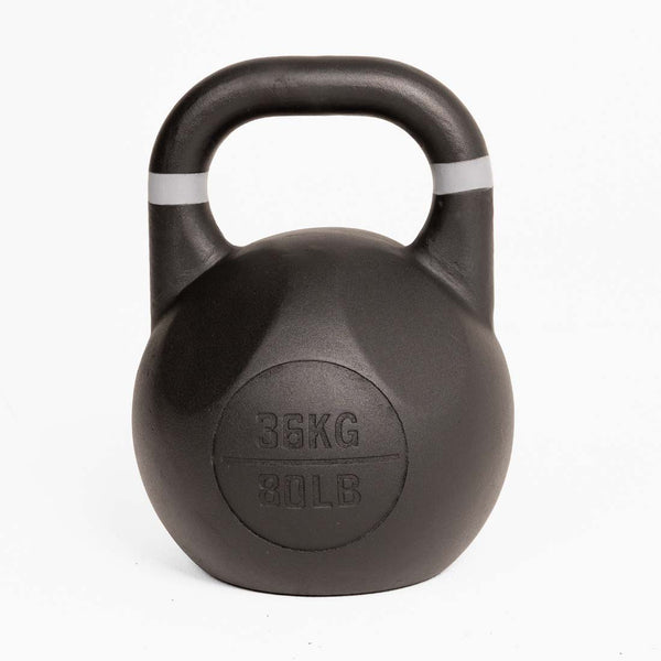 A black SMAI Competition Kettlebell - Fusion Series with white markings on its large handle, featuring “36KG” and “80LB” embossed on the front, displayed against a white background.