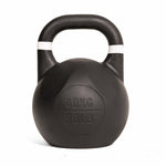 A SMAI Competition Kettlebell - Fusion Series in black, featuring a large handle and a white stripe near the grip, is displayed upright on a plain white background. The kettlebell is labeled “40KG” and “88LB.” Its uniform-sized design ensures consistent dimensions across all weights, making it ideal for serious training.