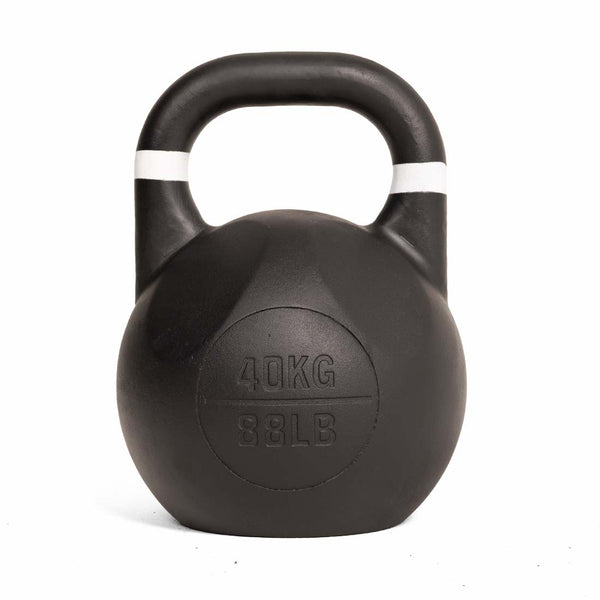 A SMAI Competition Kettlebell - Fusion Series in black, featuring a large handle and a white stripe near the grip, is displayed upright on a plain white background. The kettlebell is labeled “40KG” and “88LB.” Its uniform-sized design ensures consistent dimensions across all weights, making it ideal for serious training.