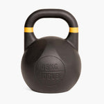 A black SMAI Competition Kettlebell - Fusion Series features a yellow stripe near its large handle. The front is labeled with “48KG” and “106LB” to indicate its weight, and the kettlebell’s consistent size stands out against the plain white background.
