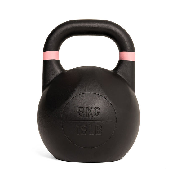 The SMAI Competition Kettlebell - Fusion Series is a black kettlebell with a pink stripe near the handle and clear “8 KG” and “18 LB” markings. It maintains a consistent size and is displayed against a white background.