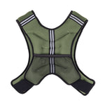 The SMAI Weighted Vest - Olive Green features black trim, breathable mesh front, adjustable straps, and horizontal and vertical reflective stripes for safety and visibility during workouts.
