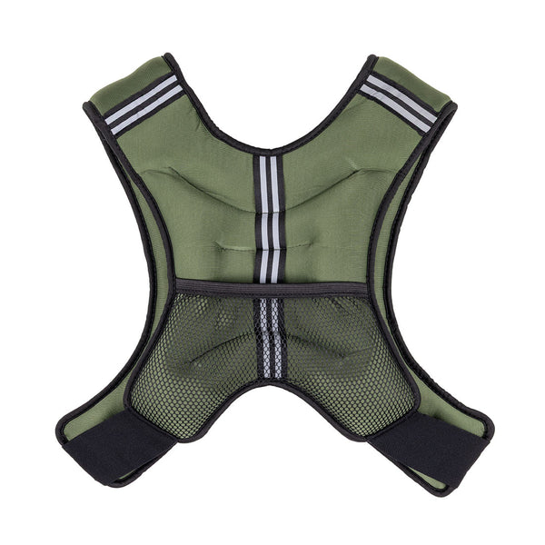The SMAI Weighted Ruck Vest - Olive Green features black trim, breathable mesh front, adjustable straps, and horizontal and vertical reflective stripes for safety and visibility during workouts.