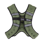 The SMAI Weighted Vest - Olive Green features black trim, reflective grey stripes, a front buckle closure, and SMAI branding on the front strap. Designed for exercise or fitness training.