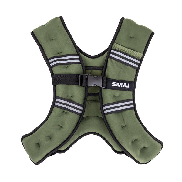 The SMAI Weighted Ruck Vest - Olive Green features black trim, reflective grey stripes, a front buckle closure, and “SMAI” branding on the front strap. Designed for exercise or fitness training.
