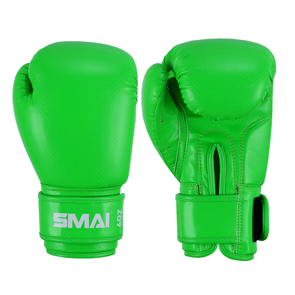 The SMAI PRE ORDER: Essentials Kids Boxing Glove - Green features bright green gloves for kids with "SMAI" and "20Z" printed on the wrist strap, offering excellent wrist support. One glove faces forward while the other shows the palm.