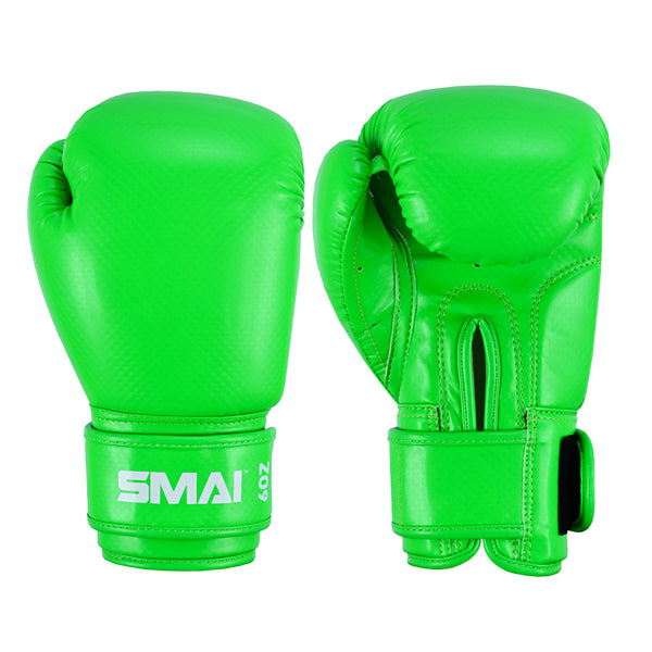 The SMAI Essentials Kids Boxing Glove in bright green features "SMAI" and "20 oz" in white on the wrist strap—one glove palm up, the other down. Ideal for kids starting boxing training.