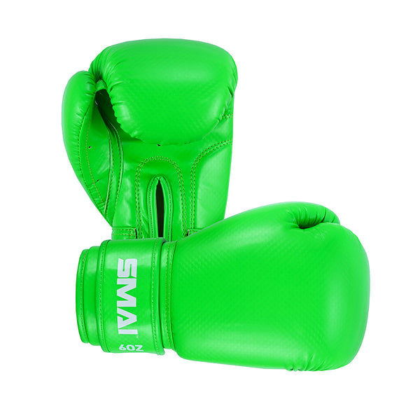 The Essentials Kids Boxing Glove - Green by SMAI features bright green gloves with the SMAI logo in white on the wrist strap, shown against a white background.