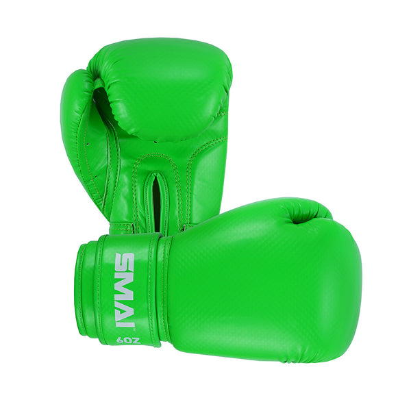 A pair of SMAI Essentials Kids Boxing Gloves - Green, with one glove flat and the other upright; "SMAI" appears in white on the wrist strap, offering excellent wrist support for young athletes.